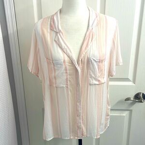 Cloth & Stone Anthropologie Short Sleeve Button Up Collar Pink/White Stripe SzLg